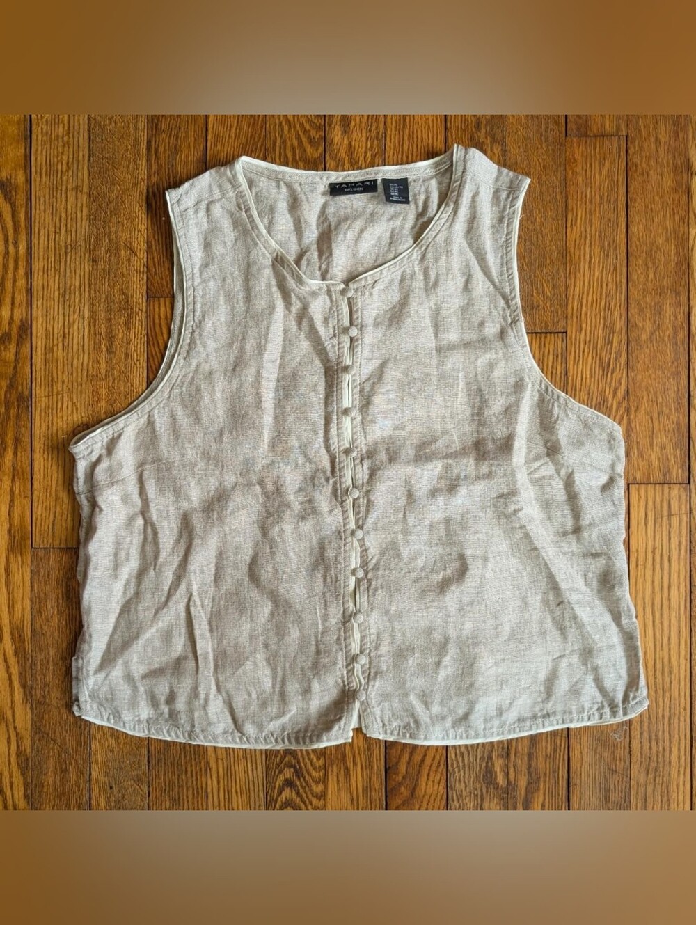 Tan Linen Tahari Vest Tank Top with Button-Up Front